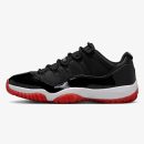 Jordan 11 Low Bred 2025 in black patent leather with red translucent outsole