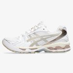 women's Gel-Kayano 14 Simply Taupe with white mesh, taupe overlays, and metallic side details