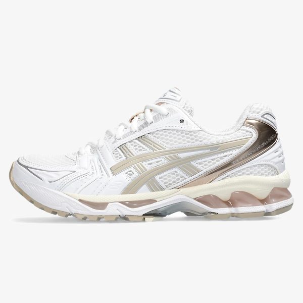 women's Gel-Kayano 14 Simply Taupe with white mesh, taupe overlays, and metallic side details