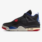 jordan 4 rare air - Black and grey Rare Air sneaker with red eyelets, royal blue lining, and white lettering details