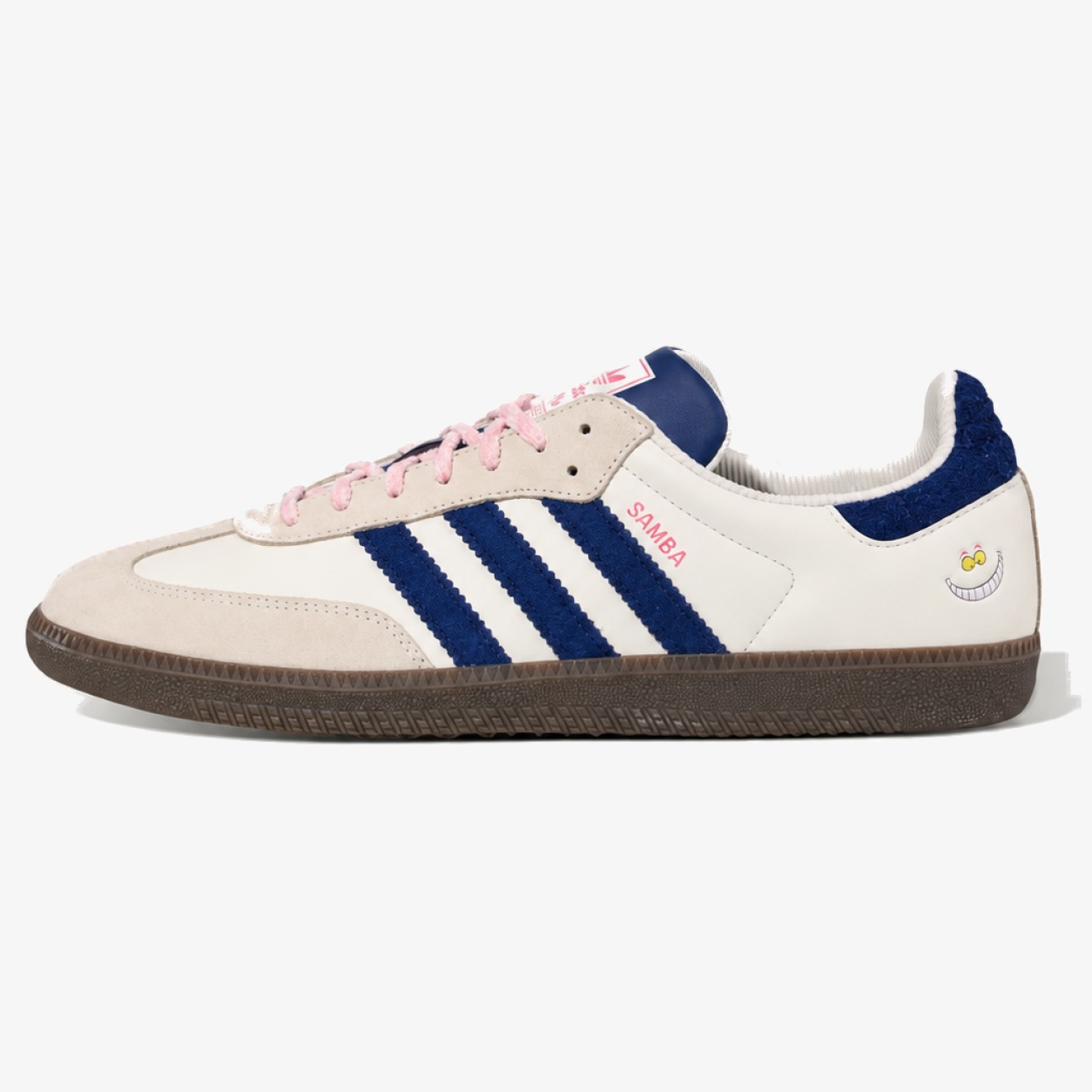 Chalk White Cheshire Cat Samba sneaker with dark blue and light pink details