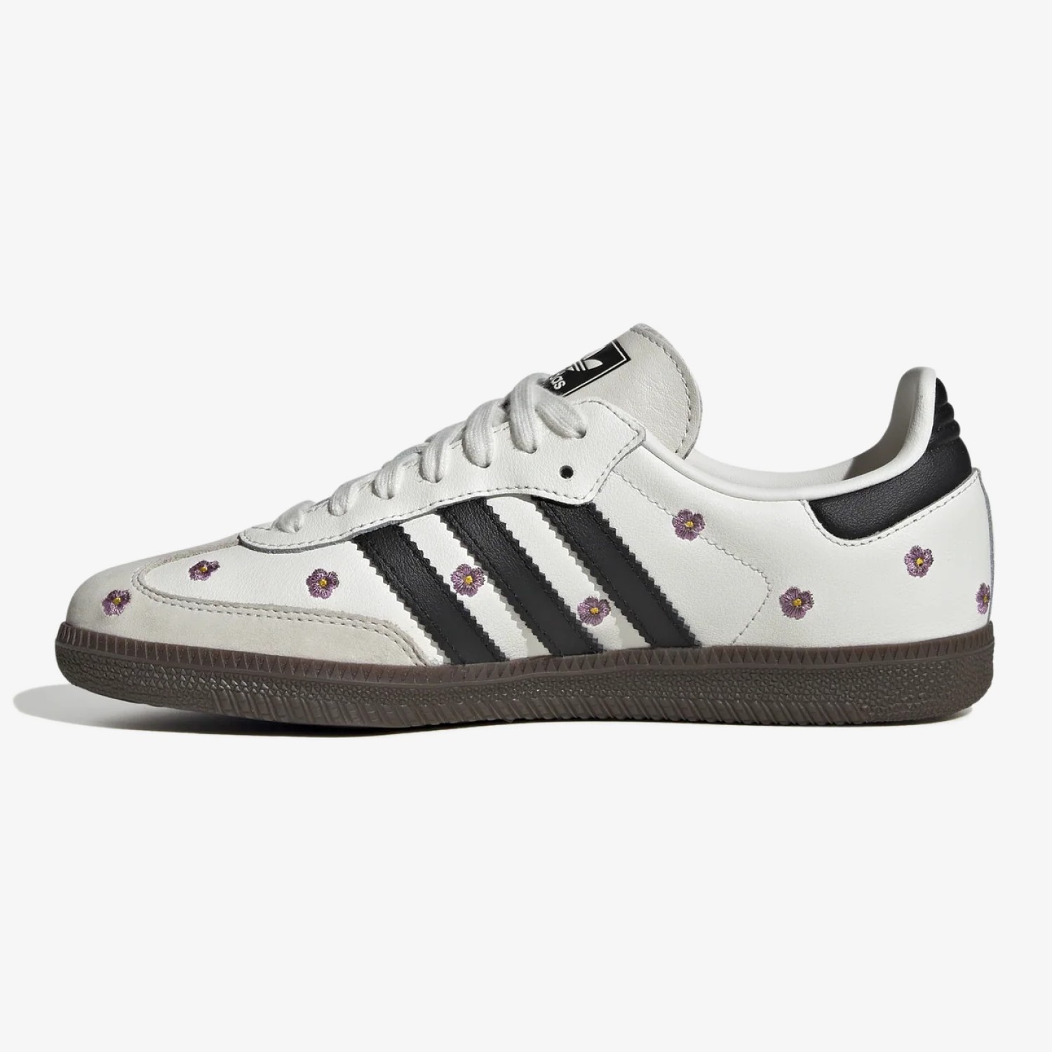 women's floral samba sneaker - White floral embroidered Samba sneaker with black accents and gum sole
