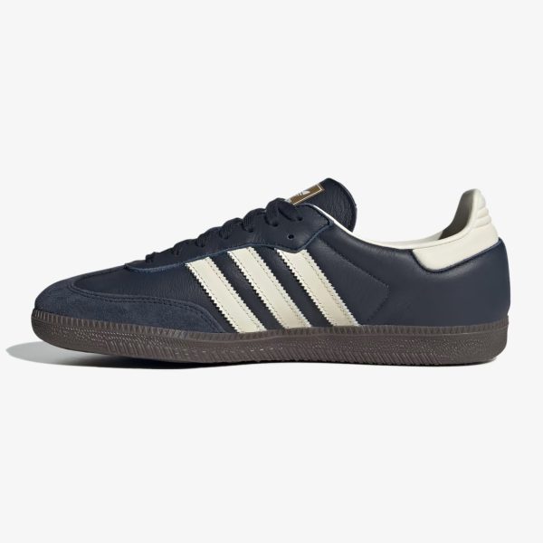 navy adidas samba shoes - Night navy adidas sneaker with Cream White serrated stripes and a gum rubber sole