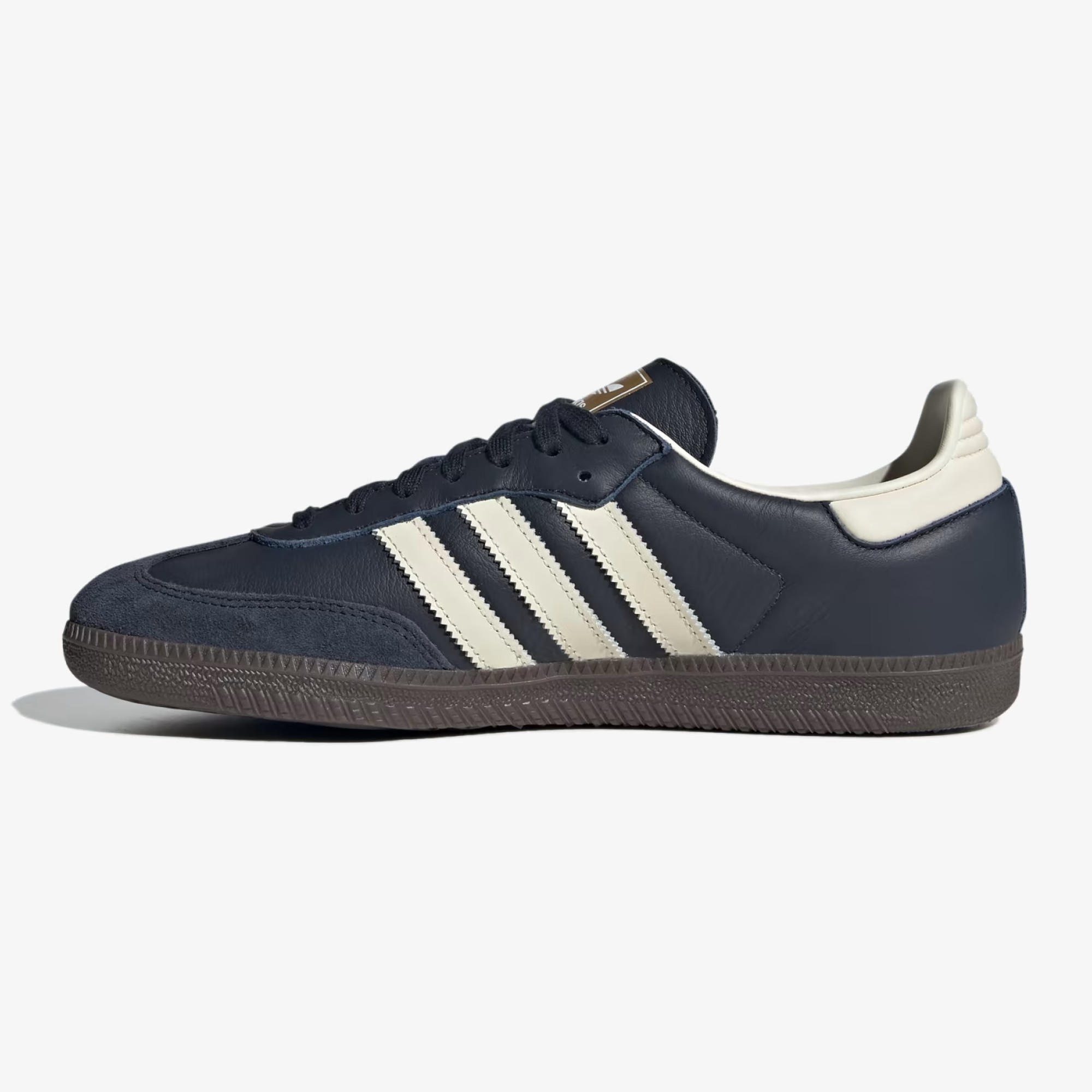 navy adidas samba shoes - Night navy adidas sneaker with Cream White serrated stripes and a gum rubber sole